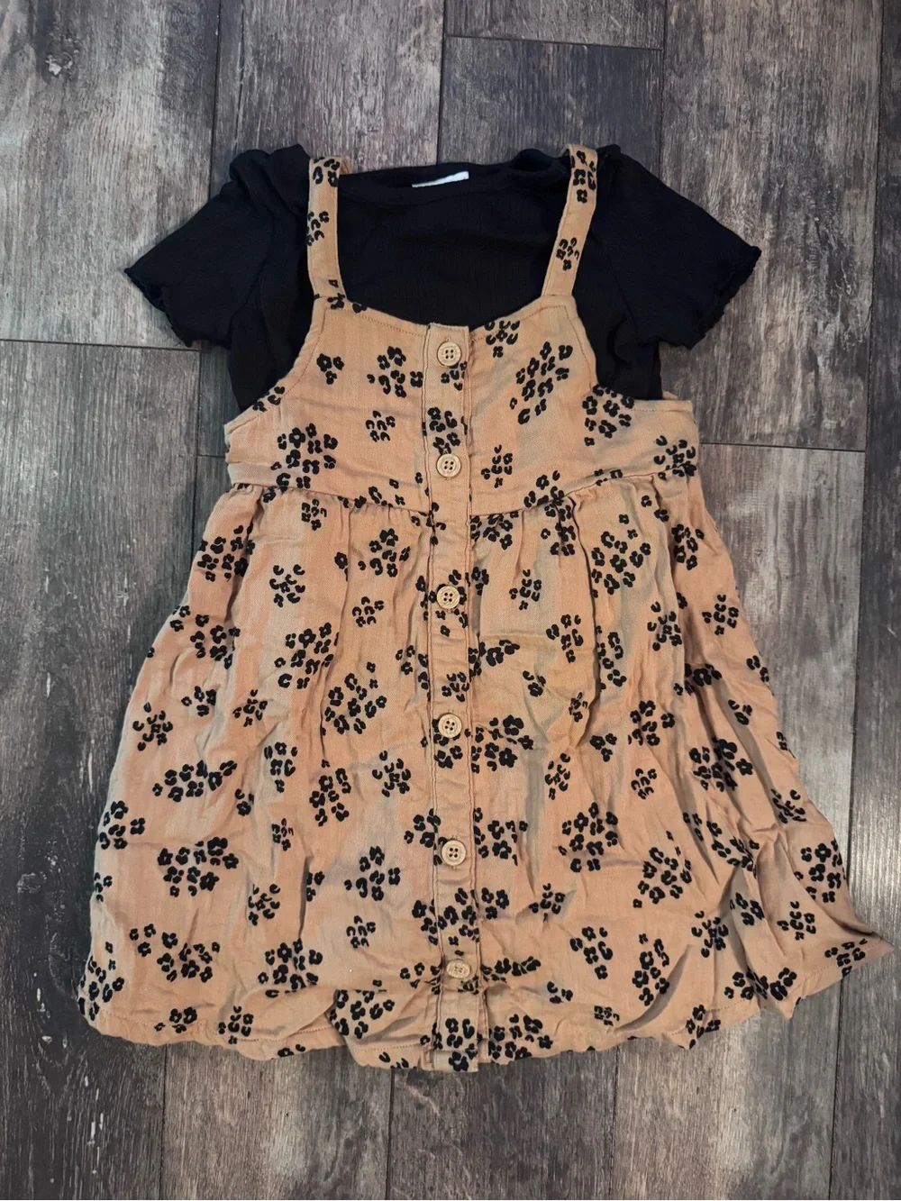 jumping beans Tan Floral Button-Front Pinafore Dress with Black Tee